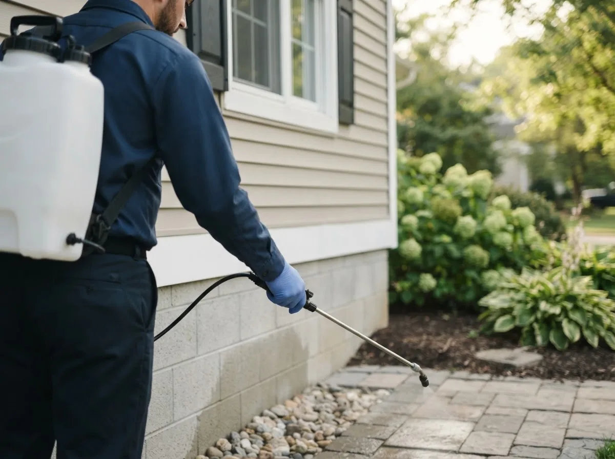 Pest control technician inspecting a home in Terral, OK